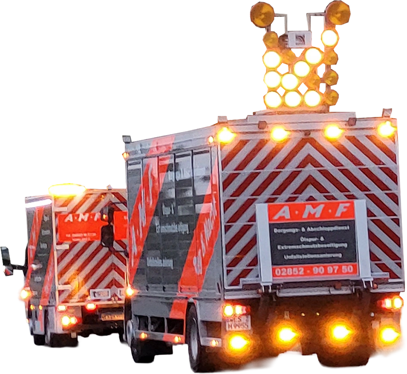 amf-abschleppdienst-verkehrssicherung-teaser Zwei Reinigungsfahrezeug der AMF fahren mit eingeschalteten Warnlichtern hintereinander.